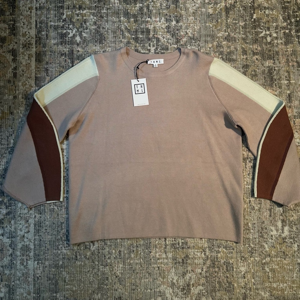 THML Brown Striped Crewneck Sweater Balloon Arm New With Tags Size Small